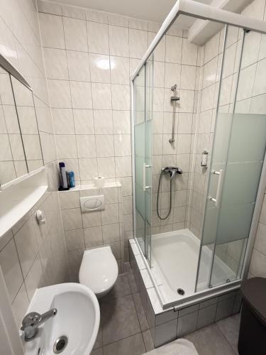 a bathroom with a shower and a toilet and a sink at Limo Stay in Neuhausen auf den Fildern