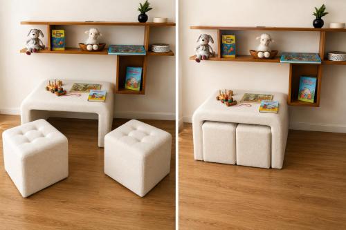 two pictures of a table and a stool at Wintergarten Wohnung mit Feldblick nahe Legoland in Jettingen-Scheppach