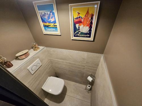 a bathroom with a toilet and posters on the wall at Le Haut du Rosay in Sallanches
