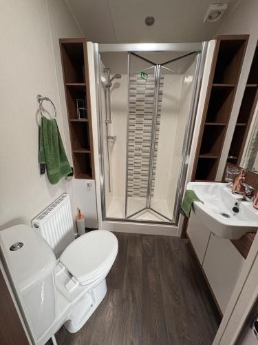 a bathroom with a shower and a toilet and a sink at Skyline in Lossiemouth