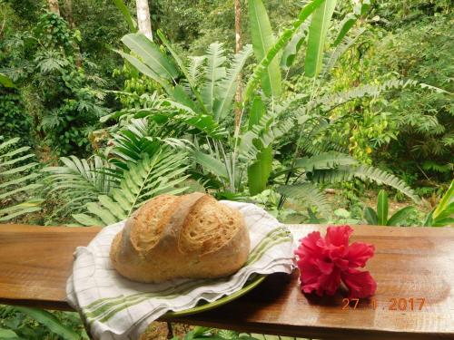 una hogaza de pan sobre un banco de madera en Casa Lina EcoLodge privat apartment, en Puerto Viejo