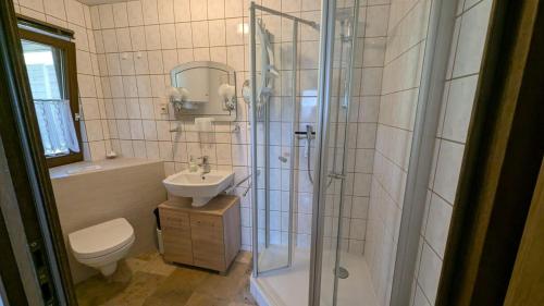 a bathroom with a shower and a toilet and a sink at Ferienhaus am Wald in Augsburg