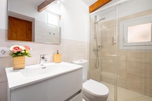 a bathroom with a toilet and a sink and a shower at Casita Sa Calobra in Cala Tuent