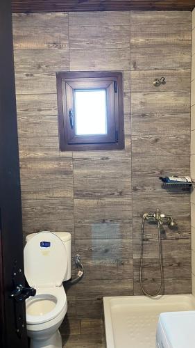 a bathroom with a toilet and a window and a tub at Azure Escape Villa in Platamonas