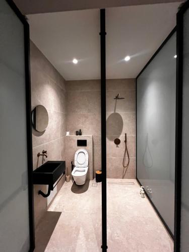 a bathroom with a toilet and a sink at A&D Studio in Klíma