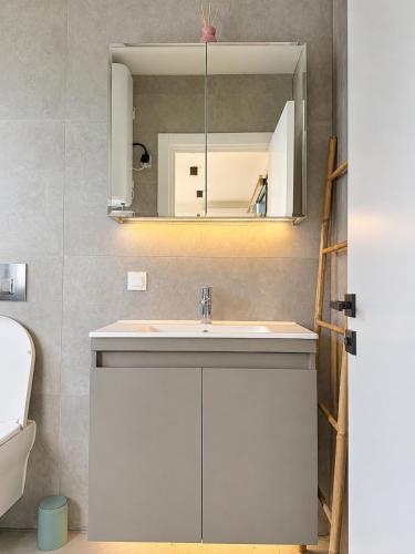 a bathroom with a sink and a mirror at Luxury Lake Cabin in Alphen