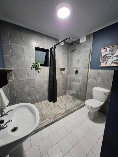 a bathroom with a shower and a toilet and a sink at 52 on 2nd Self-catering accommodation in Gonubie Park