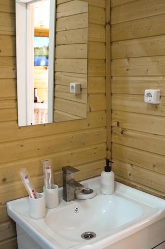 a bathroom with a sink and a mirror at Kolsay Lake Cabins in Kurmenty