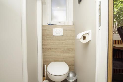 a bathroom with a white toilet and a sink at Tiny Homes Nr 822 in Göhren