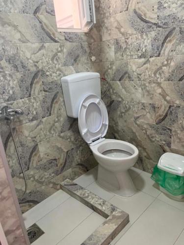 a bathroom with a toilet and a stone wall at Villa Utopia in Star Dojran