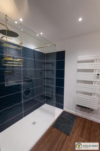 a bathroom with a shower with a glass wall at gîte dans maison bourgeoise in Millau