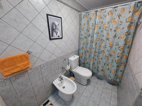 a bathroom with a toilet and a shower curtain at Villa Lemóni - Villa by the sea with swimming pool and amazing view in Xiropigado