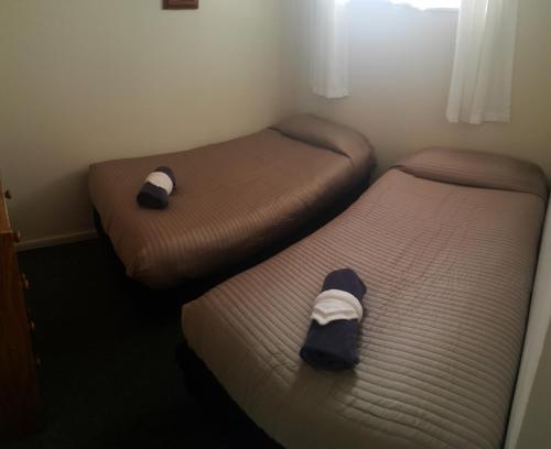 two twin beds in a small room at Camellia Court Family Motel in Taupo