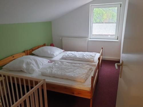 a bedroom with two beds and a window at Sauberghaus Wohnung 1 in Breitenbrunn