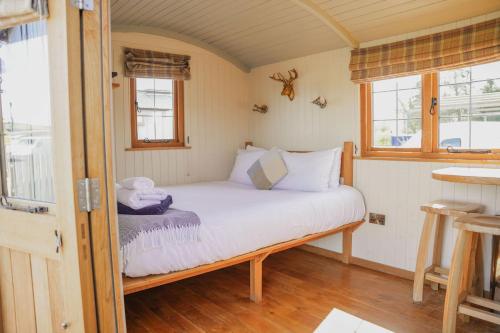 a bed in a small room with two windows at Poppy in Rhayader