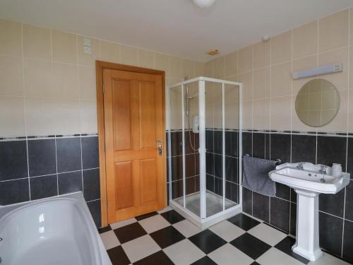 a bathroom with a shower and a toilet and a sink at Strand House in Bannow