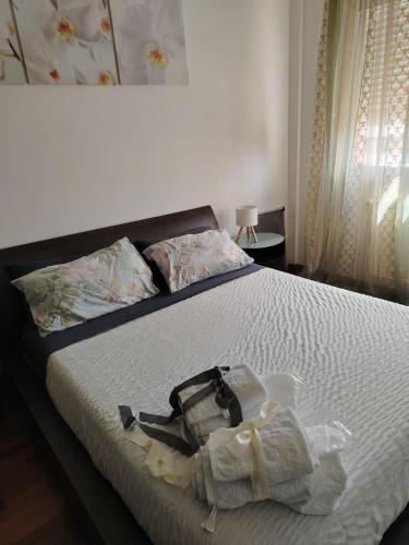 ein Schlafzimmer mit einem Bett, auf dem eine Tasche liegt in der Unterkunft Casa Malignani in Lunghezza