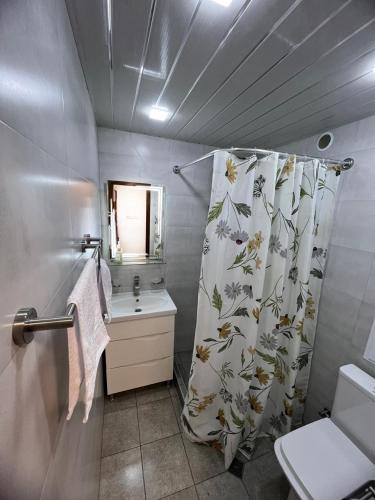 a bathroom with a shower curtain and a sink at Studio Apartment Goris in Goris