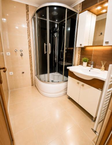 a bathroom with a shower and a sink at Blue61 Residence Airport in Pelitli