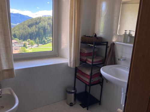 a bathroom with a sink and a toilet and a window at Sallrain Hof Apartment 2 in Collalbo