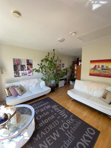a living room with two white couches and a rug at SV Appartamenty in Horten