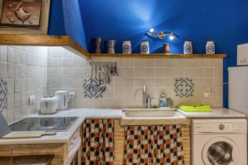 a kitchen with a sink and a washing machine at Casa Blava in Orriols