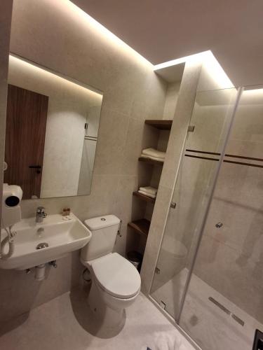 a bathroom with a toilet and a sink and a shower at Résidence Hotelière Fleurie in Agadir