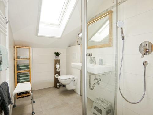 a bathroom with a shower and a toilet and a sink at Mojer-Hof in Taching am See