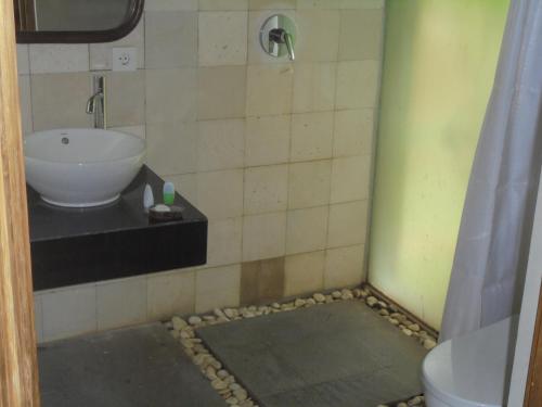 a bathroom with a sink and a shower at Biyukukung Suite & Spa in Ubud