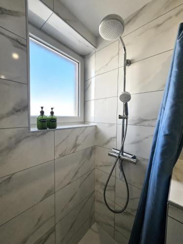 a bathroom with a shower and a window at Cosy room - centre ville - 2 pers in Sarreguemines