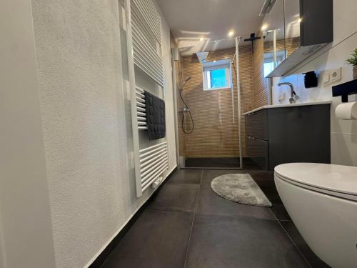 a bathroom with a toilet and a sink at Zur Sonnenseite in Oberthal