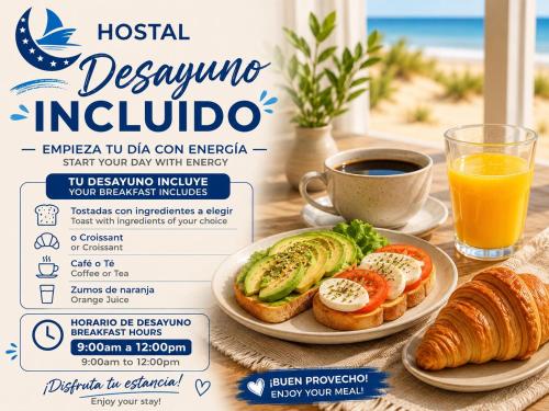 a table with a plate of breakfast food and a cup of orange juice at Hostal playa Dreams náutico Adults in Garrucha