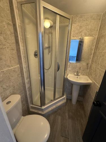 a bathroom with a shower and a toilet and a sink at Self contained property in Cartworth