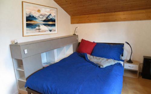 a bedroom with a bed with blue sheets and red pillows at Résidence les Papaillons in Enney