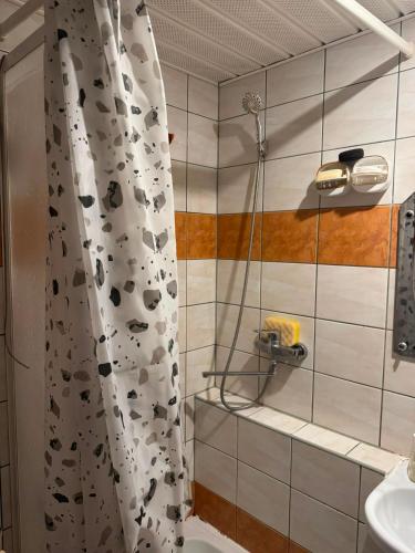 a bathroom with a shower curtain and a sink at Joy Haven in Tallinn
