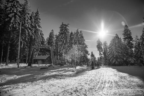 a snow covered road with a ski lift in front of trees at Apartment Huckelberg in Schmallenberg