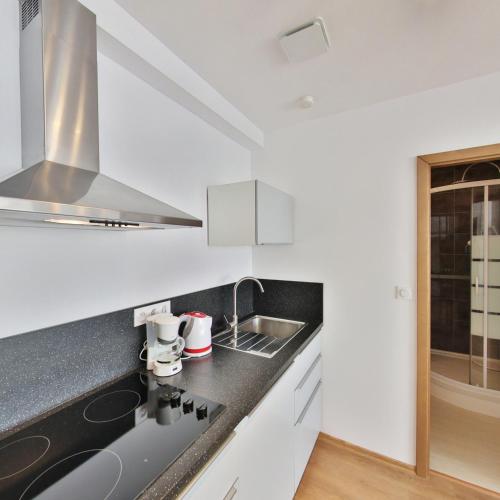 a white kitchen with a sink and a stove at Résidence les Cèdres in Strasbourg