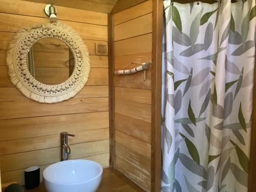a bathroom with a mirror and a sink at La Crampotte de Bidart, proche Océan in Bidart
