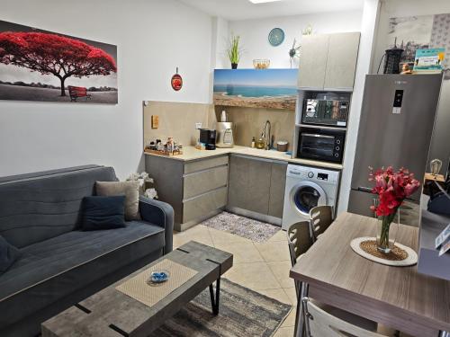 a kitchen and living room with a couch and a table at ARAD-DEAD SEA BASHIRIS PLACE in Arad