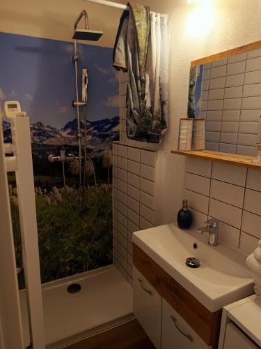 a bathroom with a shower and a sink and a tub at Ferienwohnung Luitpold 1 in Memmingen