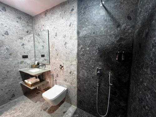 a bathroom with a shower and a toilet and a sink at Nandan Inn in Dibrugarh