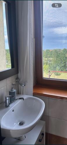 a bathroom with a white sink and a window at Agroturystyka Matłak in Matłak