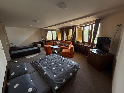 a room with a bed and a couch and a tv at Penzión Sunflower in Piešťany