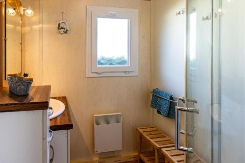 a bathroom with a shower and a sink and a window at Le Chalet 67, vue Lac Guerlédan & Accès Direct à l'Eau in Caurel