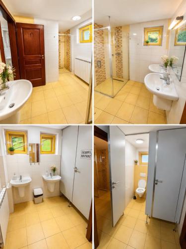 three pictures of a bathroom with two sinks and toilets at Chata Návrší in Stříbrnice
