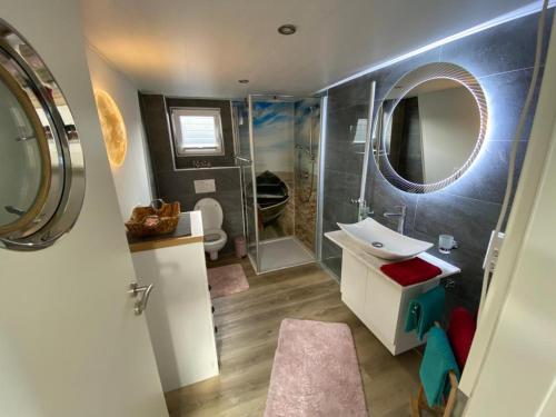 a bathroom with a sink and a mirror at Hausboot Optimo mit Hund in Wangerland