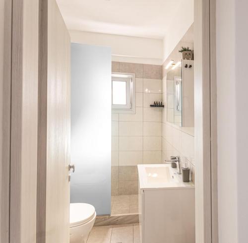 a bathroom with a white toilet and a sink at Ageri Suite II in Vóthon