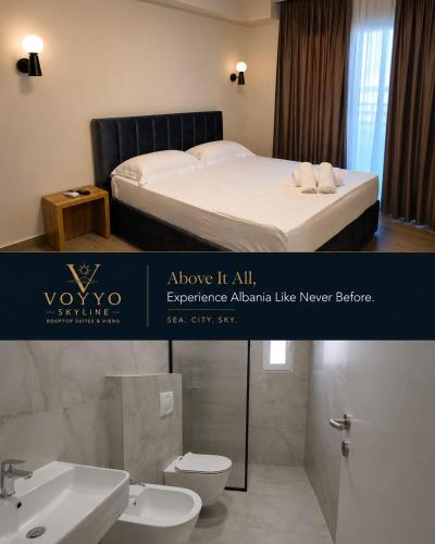 a hotel room with a bed and a bathroom at Voyyo Skyline in Durrës