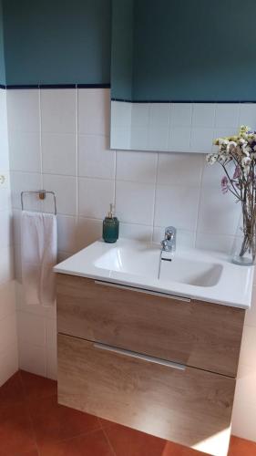a bathroom with a sink and a vase of flowers at A Nogueira in Tui