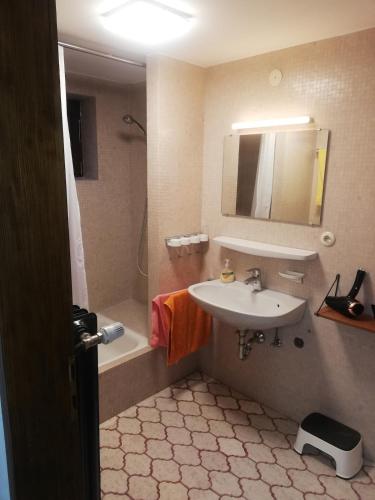 a bathroom with a sink and a mirror and a tub at Alb-Refugium - beautiful, quiet in Schopfloch